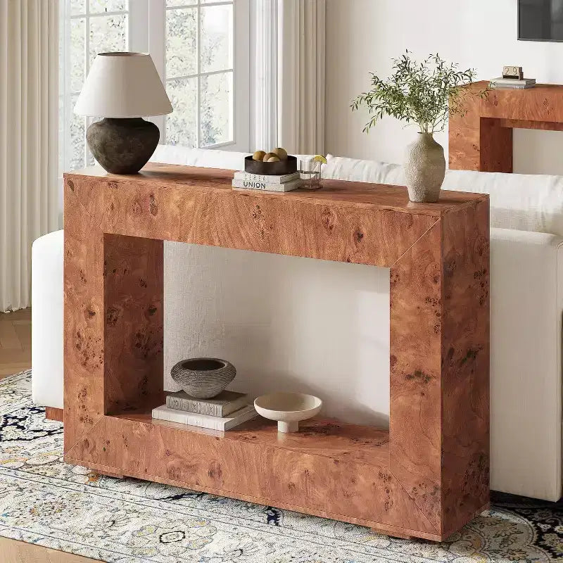 Console en bois de loupe avec rangement, table de canapé étroite pour l'entrée du salon, le couloir et le foyer