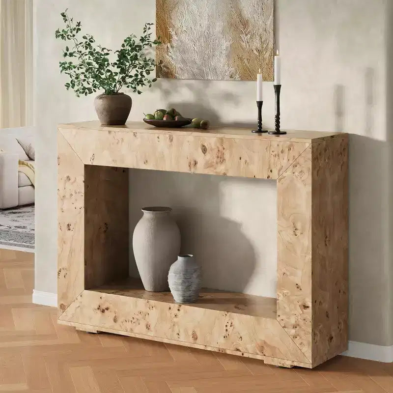 Console en bois de loupe avec rangement, table de canapé étroite pour l'entrée du salon, le couloir et le foyer
