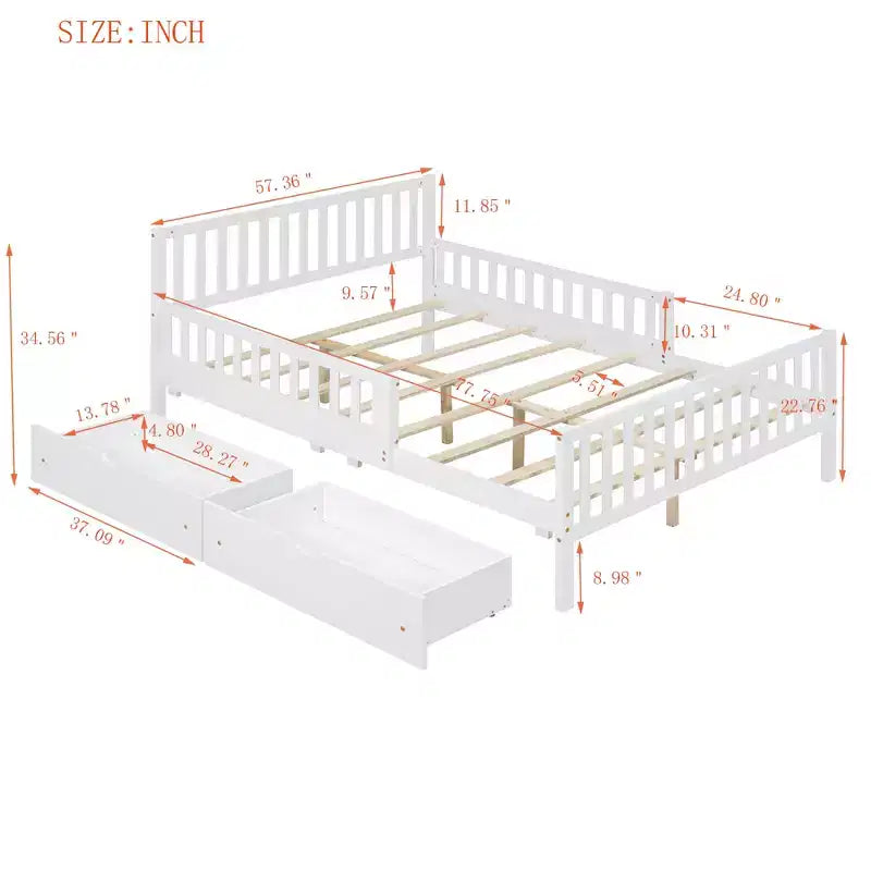 Lit plate-forme en bois pleine grandeur avec garde-corps des deux côtés et deux tiroirs de rangement, blanc