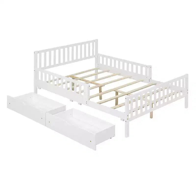 Lit plate-forme en bois pleine grandeur avec garde-corps des deux côtés et deux tiroirs de rangement, blanc
