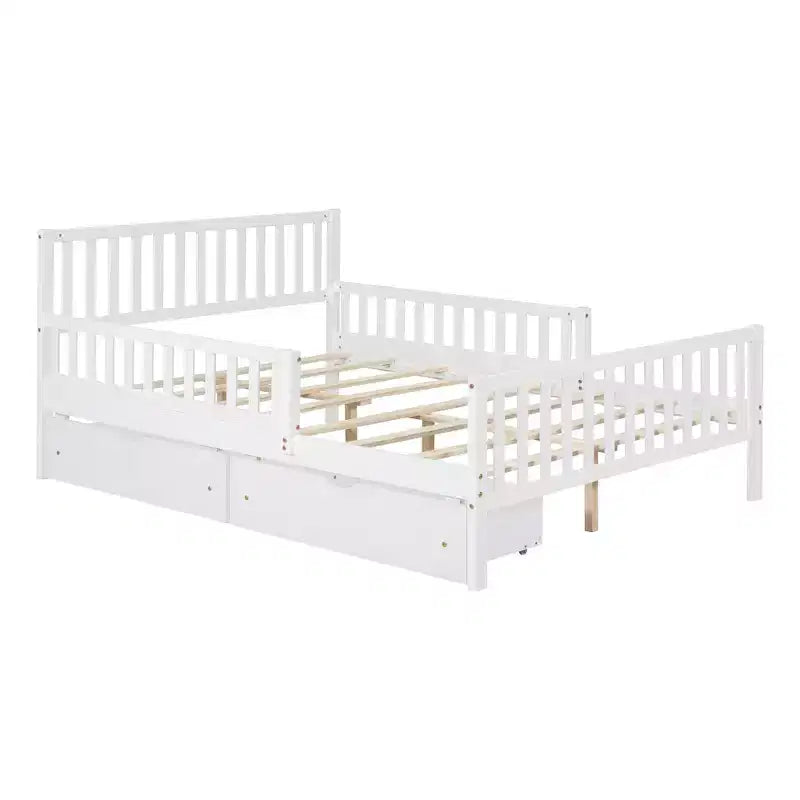 Lit plate-forme en bois pleine grandeur avec garde-corps des deux côtés et deux tiroirs de rangement, blanc