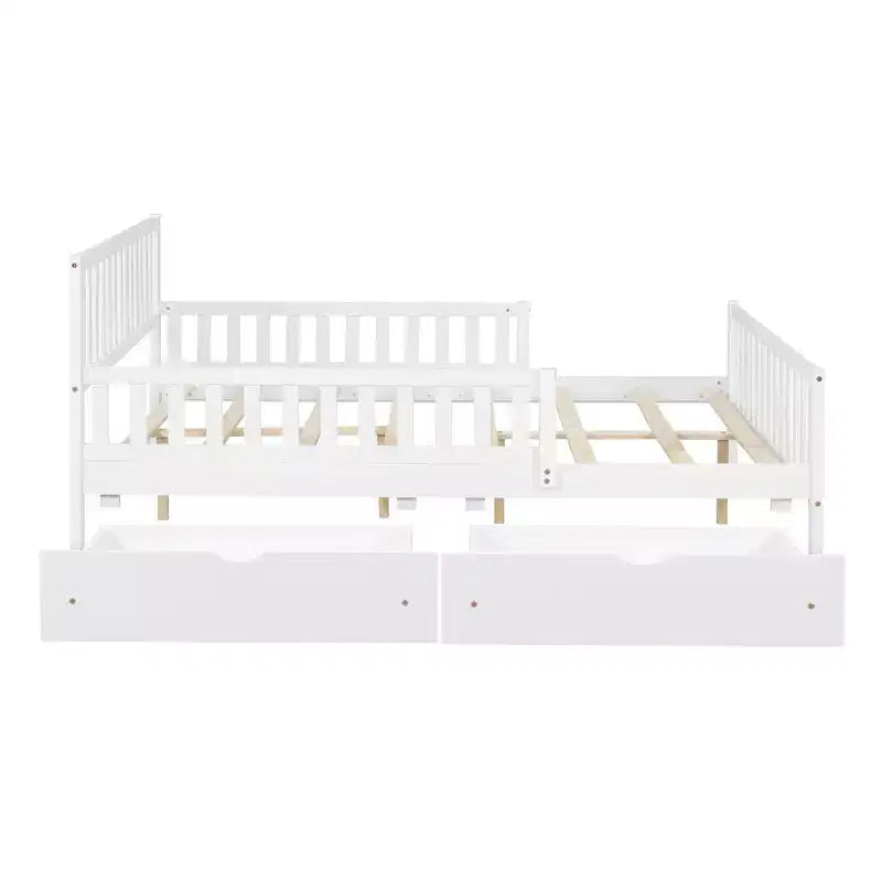 Lit plate-forme en bois pleine grandeur avec garde-corps des deux côtés et deux tiroirs de rangement, blanc