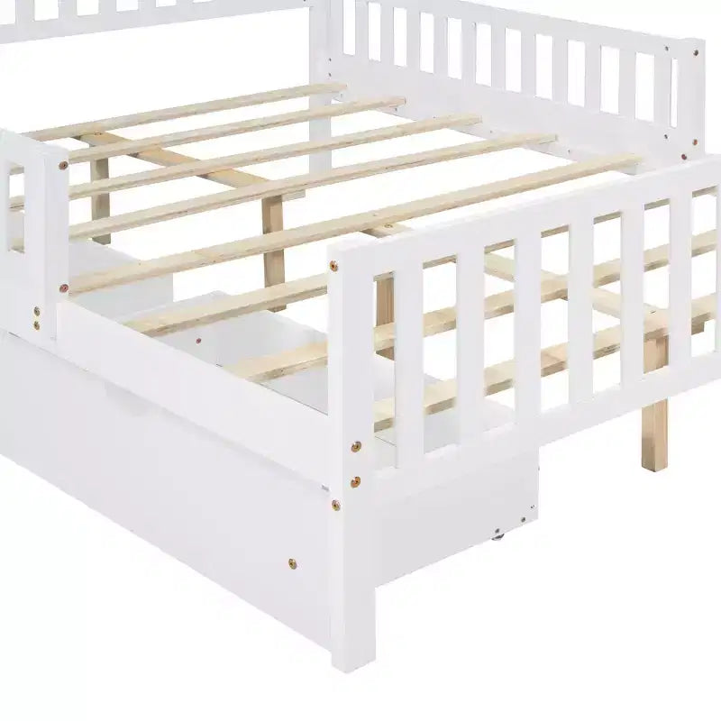 Lit plate-forme en bois pleine grandeur avec garde-corps des deux côtés et deux tiroirs de rangement, blanc