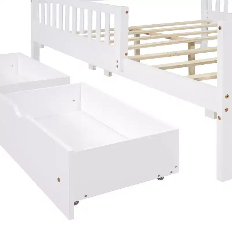 Lit plate-forme en bois pleine grandeur avec garde-corps des deux côtés et deux tiroirs de rangement, blanc