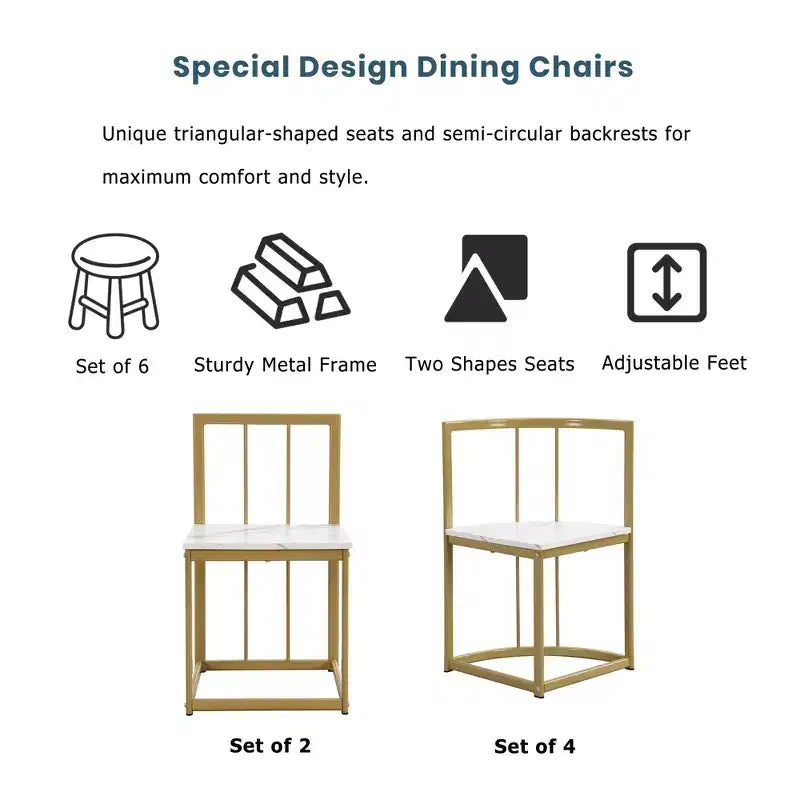 Ensemble de salle à manger moderne en marbre pour 6 personnes avec structure en métal, table rectangulaire en marbre autocollant et 6 chaises pour salle à manger et cuisine.