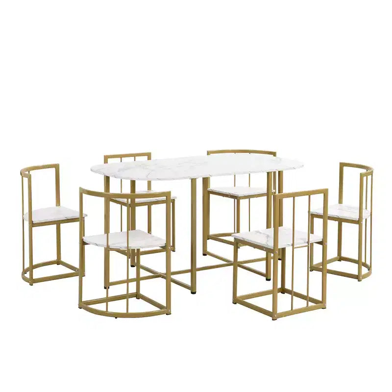 Ensemble de salle à manger moderne en marbre pour 6 personnes avec structure en métal, table rectangulaire en marbre autocollant et 6 chaises pour salle à manger et cuisine.