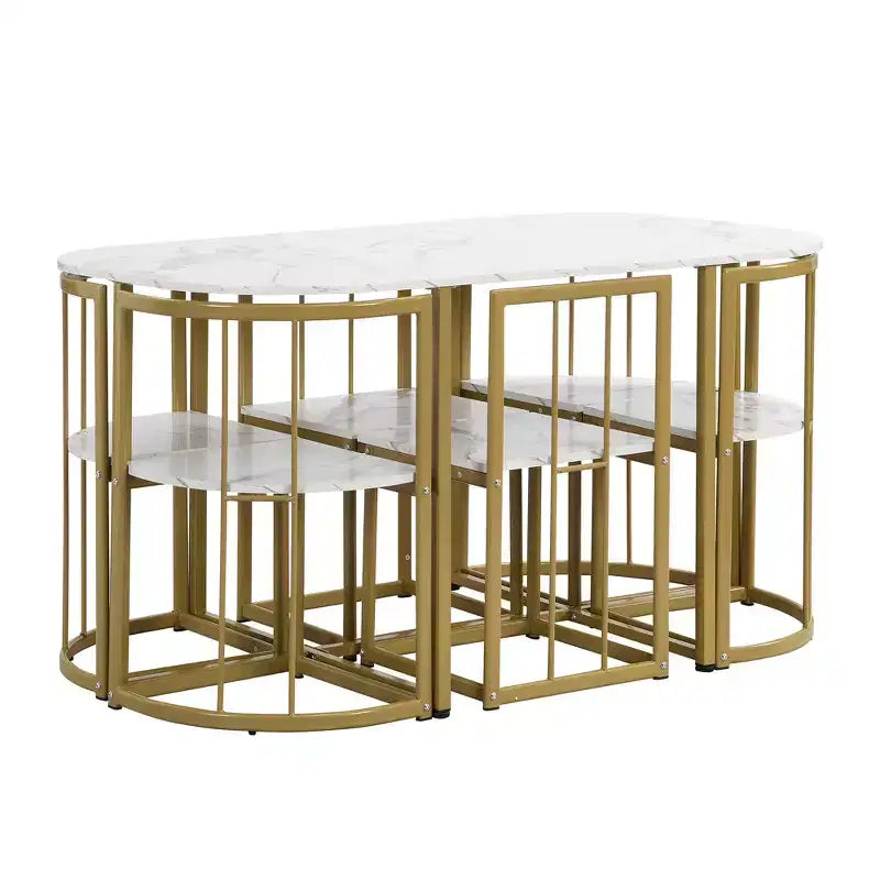 Ensemble de salle à manger moderne en marbre pour 6 personnes avec structure en métal, table rectangulaire en marbre autocollant et 6 chaises pour salle à manger et cuisine.