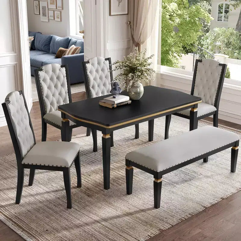 Ensemble de salle à manger rétro 6 pièces, table rectangulaire et 4 chaises touffetées à dossier haut et banc, ensemble de salle à manger en bois pour 6 personnes