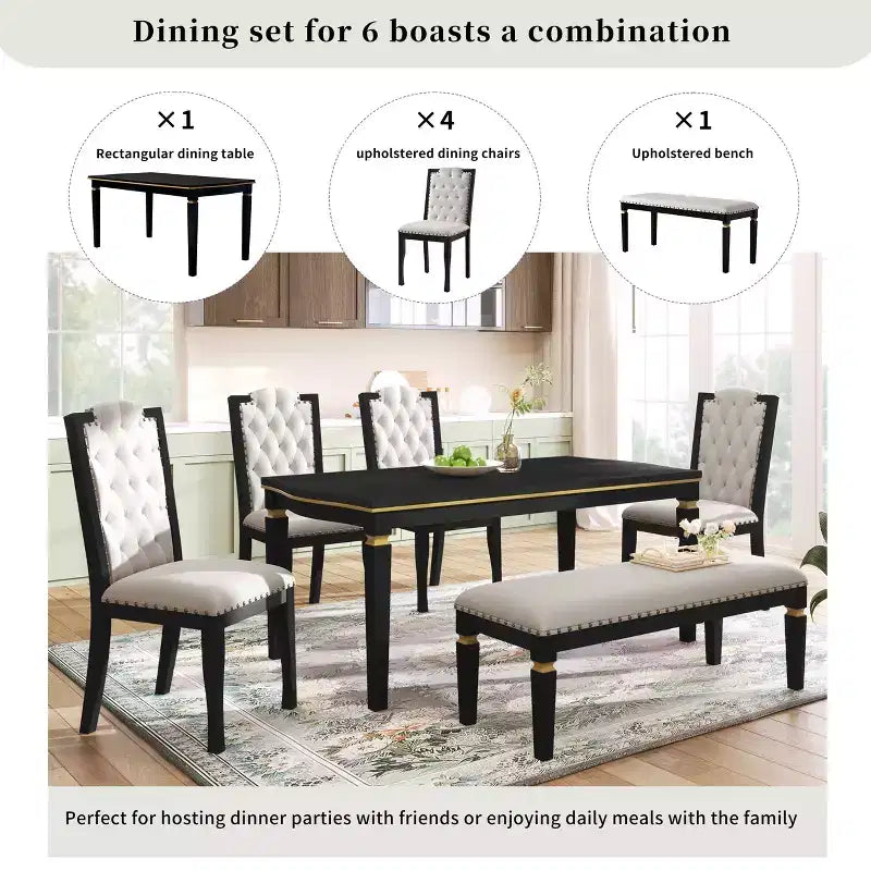 Ensemble de salle à manger rétro 6 pièces, table rectangulaire et 4 chaises touffetées à dossier haut et banc, ensemble de salle à manger en bois pour 6 personnes