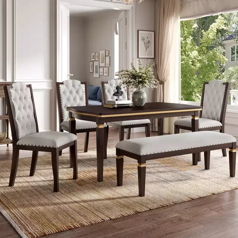 Ensemble de salle à manger rétro 6 pièces, table rectangulaire et 4 chaises touffetées à dossier haut et banc, ensemble de salle à manger en bois pour 6 personnes