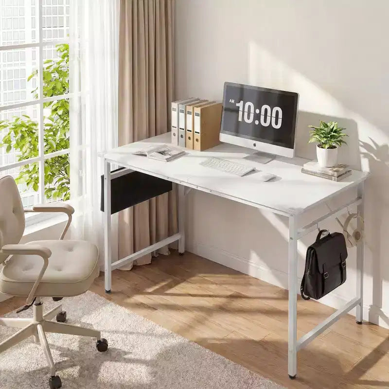 Bureau d'ordinateur de 120 cm avec tiroir de rangement, crochets latéraux et pieds réglables pour le bureau à domicile