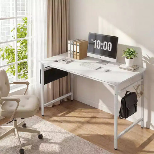 Bureau d'ordinateur de 120 cm avec tiroir de rangement, crochets latéraux et pieds réglables pour le bureau à domicile