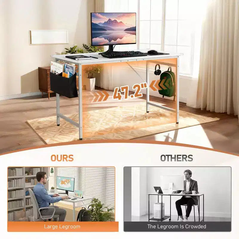 Bureau d'ordinateur de 120 cm avec tiroir de rangement, crochets latéraux et pieds réglables pour le bureau à domicile