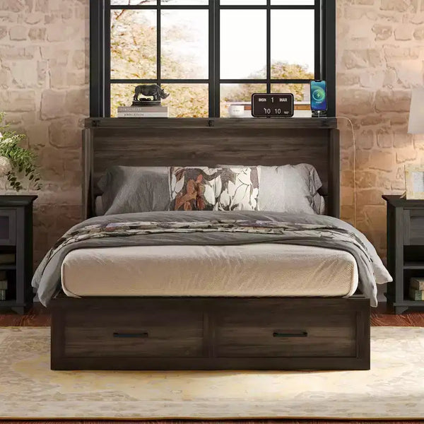 MAYEERTY Full Size Framhouse Cabinet Bed with Foldable Platform Bed with Large Storage Drawer for Bedroom Rustic Gray