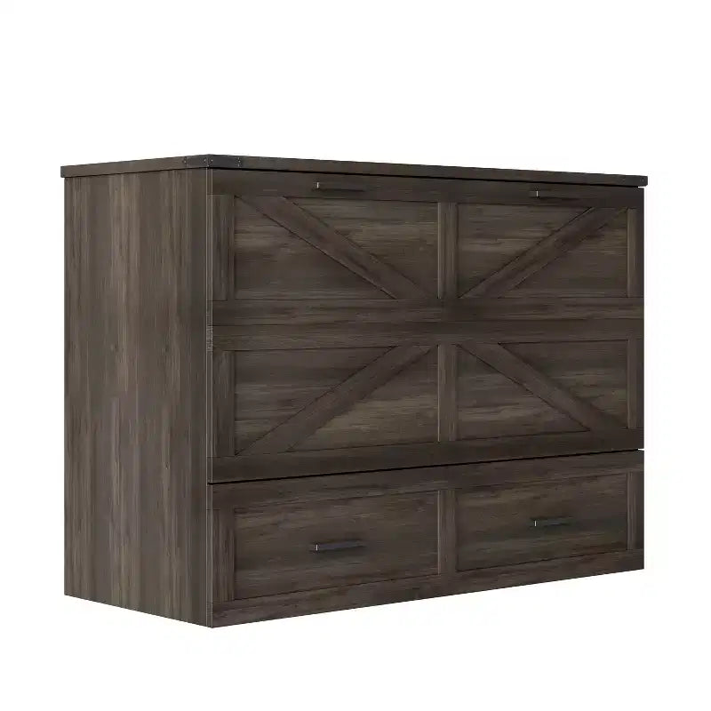 Lit escamotable de style campagnard pleine grandeur avec plateforme pliable et grand tiroir de rangement, gris rustique