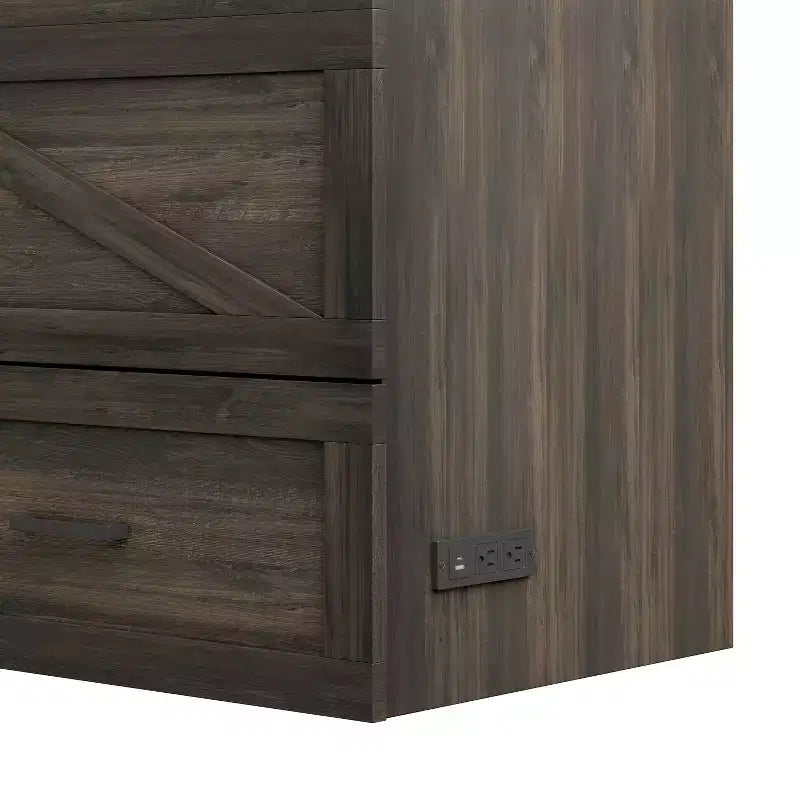 Lit escamotable de style campagnard pleine grandeur avec plateforme pliable et grand tiroir de rangement, gris rustique