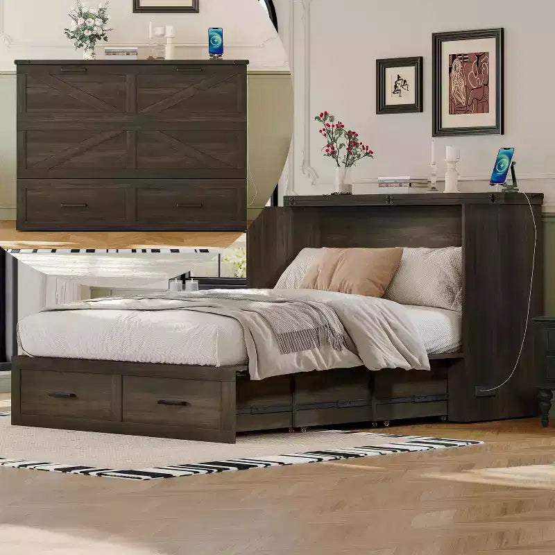 Lit escamotable de style campagnard pleine grandeur avec plateforme pliable et grand tiroir de rangement, gris rustique