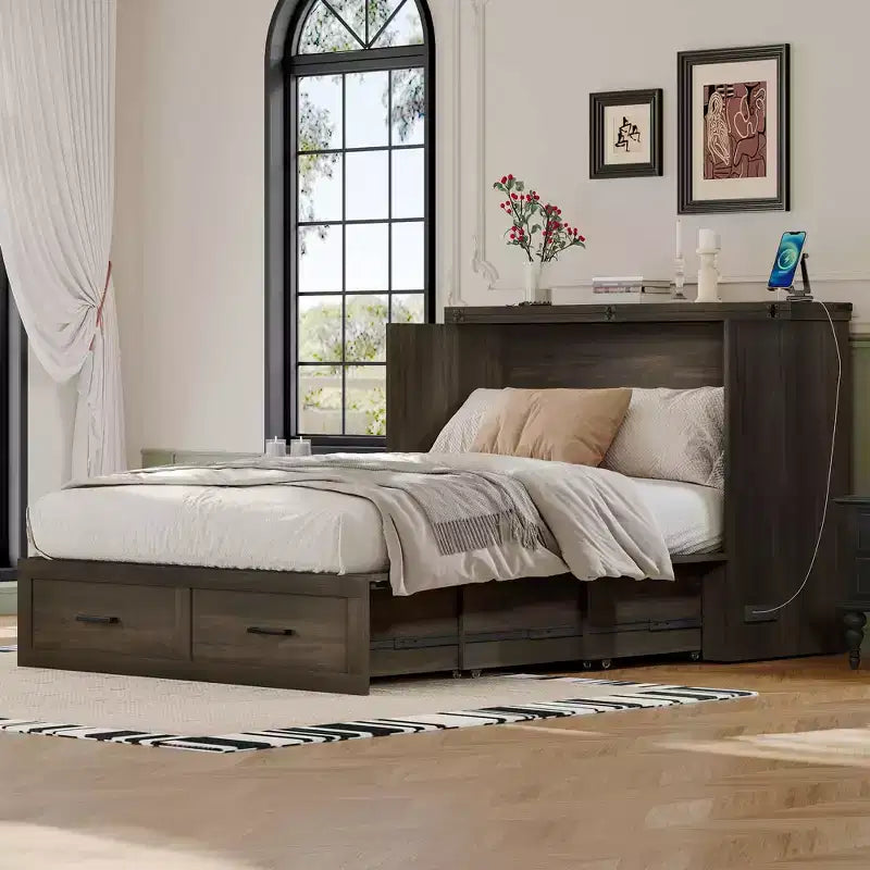 Lit escamotable de style campagnard pleine grandeur avec plateforme pliable et grand tiroir de rangement, gris rustique