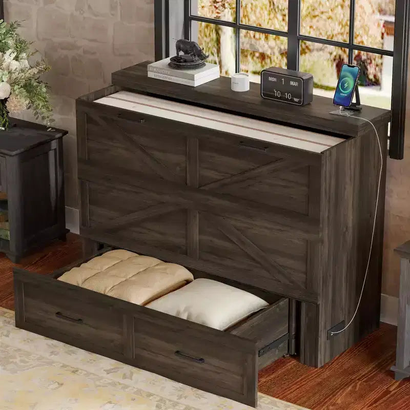 Lit escamotable de style campagnard pleine grandeur avec plateforme pliable et grand tiroir de rangement, gris rustique