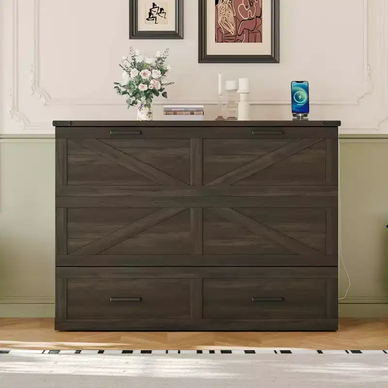 Lit escamotable de style campagnard pleine grandeur avec plateforme pliable et grand tiroir de rangement, gris rustique