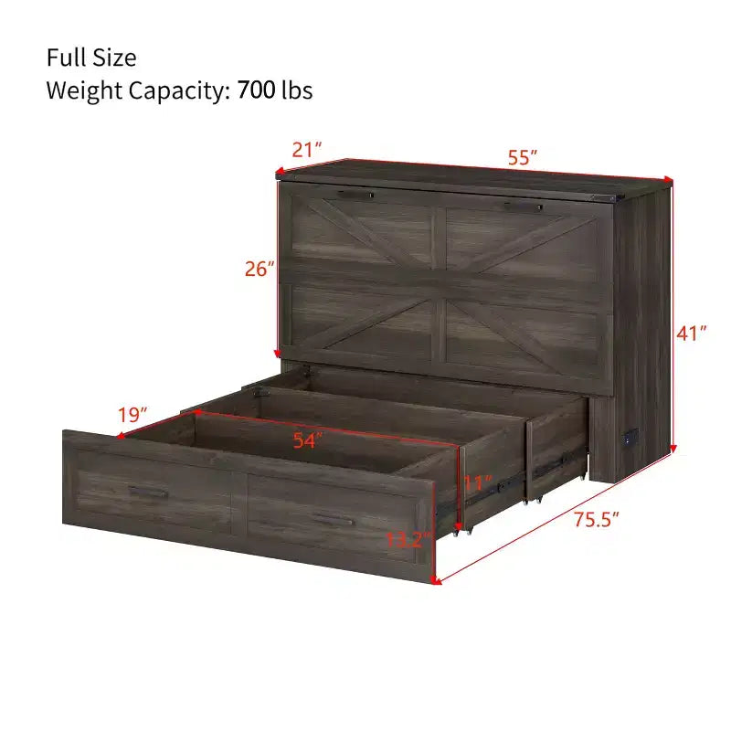 Lit escamotable de style campagnard pleine grandeur avec plateforme pliable et grand tiroir de rangement, gris rustique