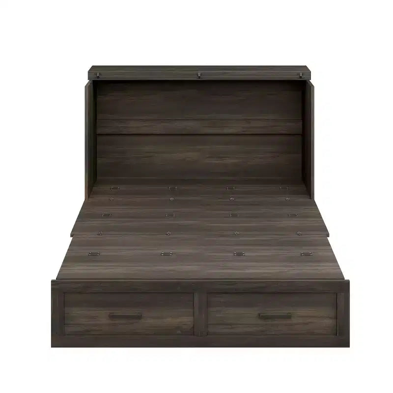 Lit escamotable de style campagnard pleine grandeur avec plateforme pliable et grand tiroir de rangement, gris rustique