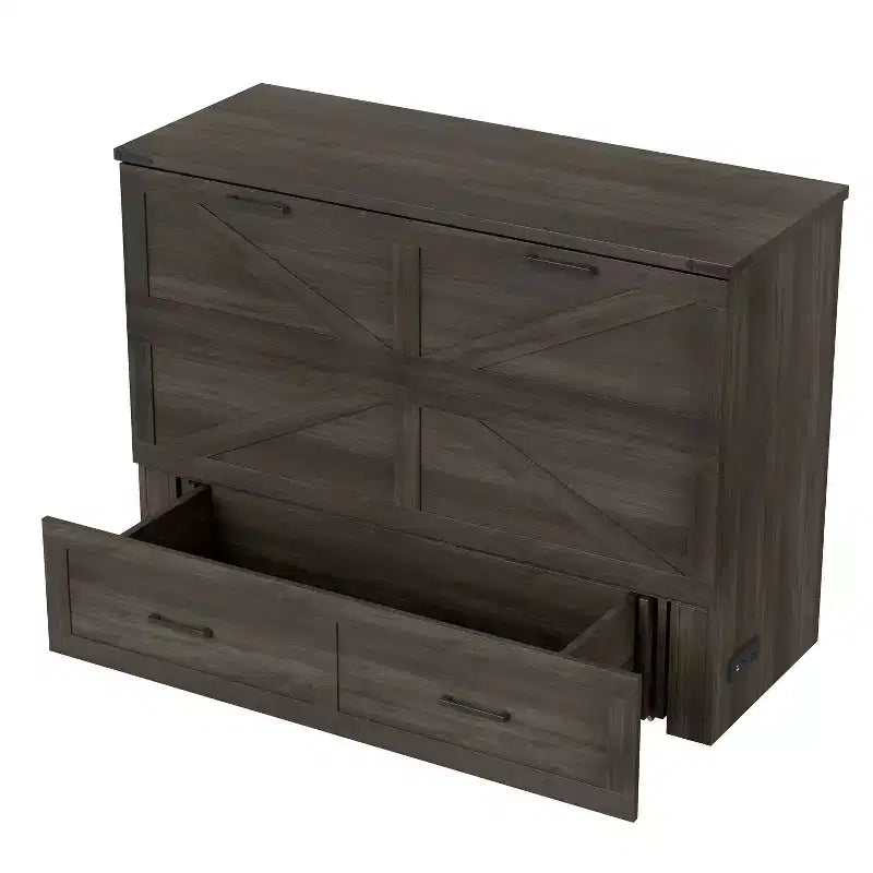 Lit escamotable de style campagnard pleine grandeur avec plateforme pliable et grand tiroir de rangement, gris rustique