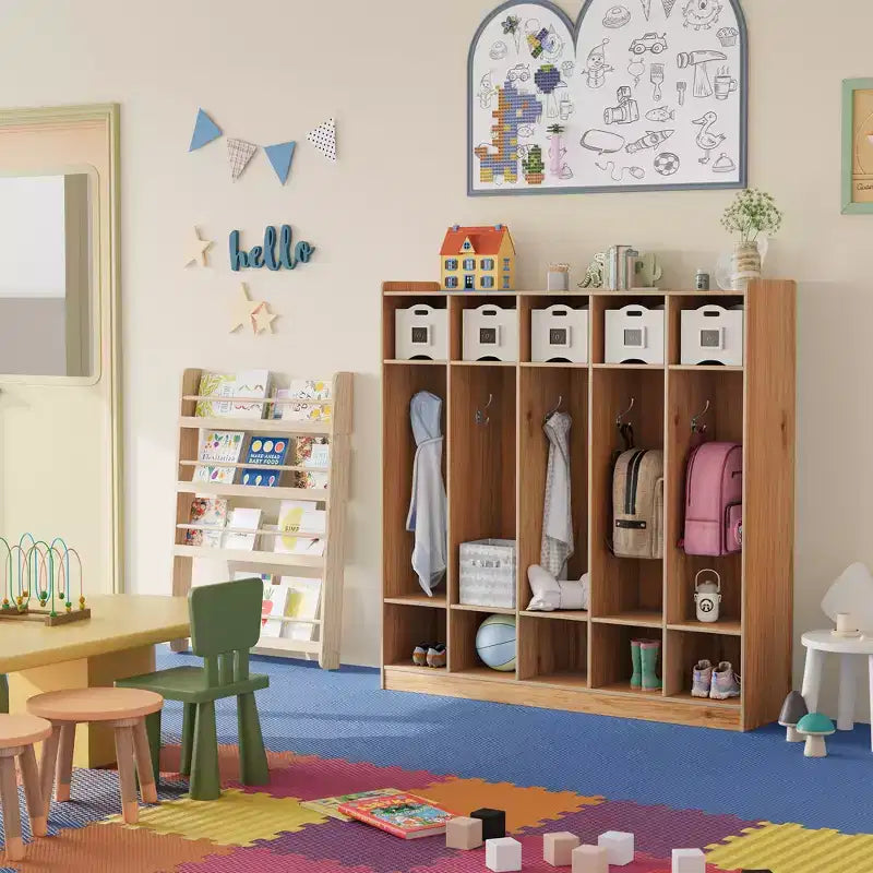 Organiseur de Manteaux pour Enfants avec 10 Casiers et Crochets, Meuble de Rangement à 5 Sections pour Salle de Classe, Crèche, Entrée ou Salle de Jeux, Chêne Naturel