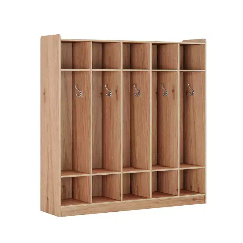 Organiseur de Manteaux pour Enfants avec 10 Casiers et Crochets, Meuble de Rangement à 5 Sections pour Salle de Classe, Crèche, Entrée ou Salle de Jeux, Chêne Naturel