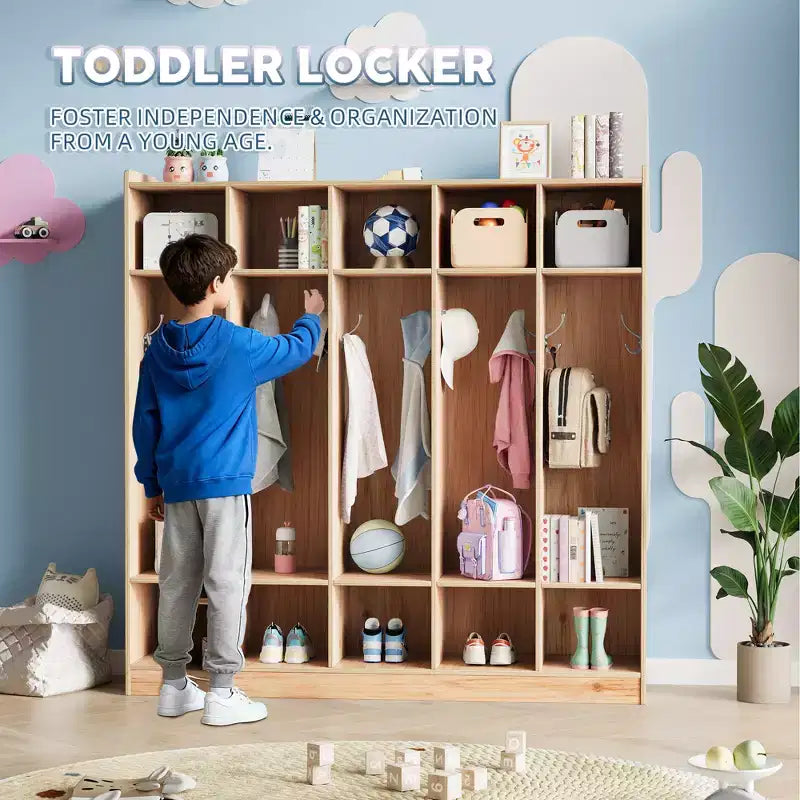 Organiseur de Manteaux pour Enfants avec 10 Casiers et Crochets, Meuble de Rangement à 5 Sections pour Salle de Classe, Crèche, Entrée ou Salle de Jeux, Chêne Naturel