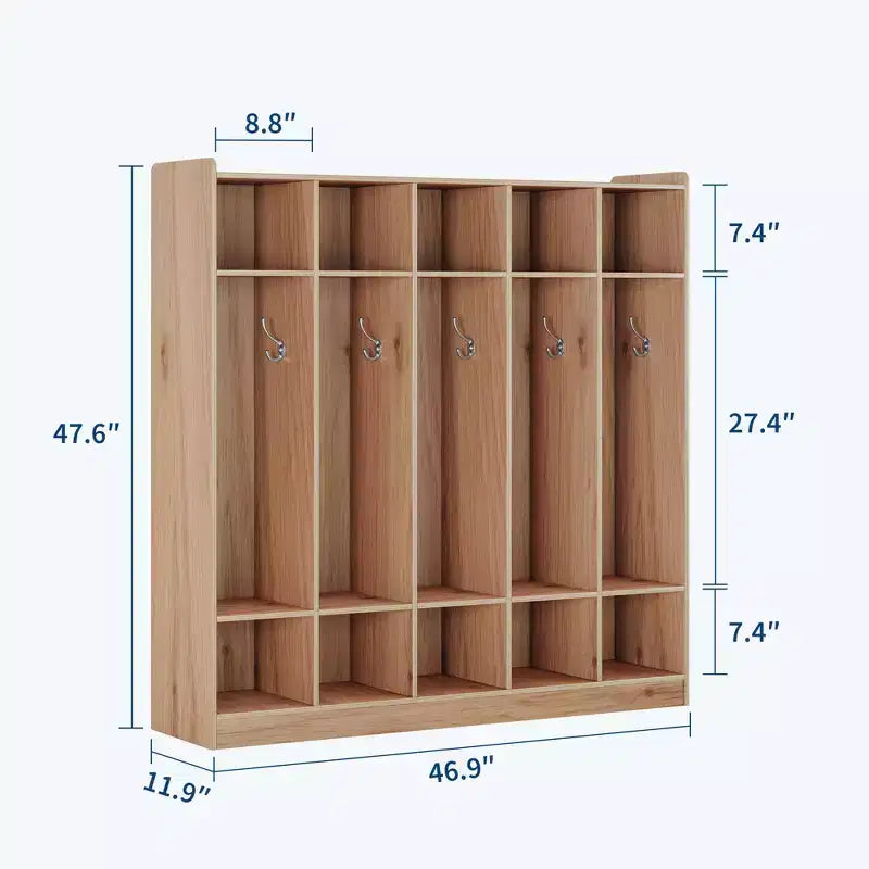 Organiseur de Manteaux pour Enfants avec 10 Casiers et Crochets, Meuble de Rangement à 5 Sections pour Salle de Classe, Crèche, Entrée ou Salle de Jeux, Chêne Naturel