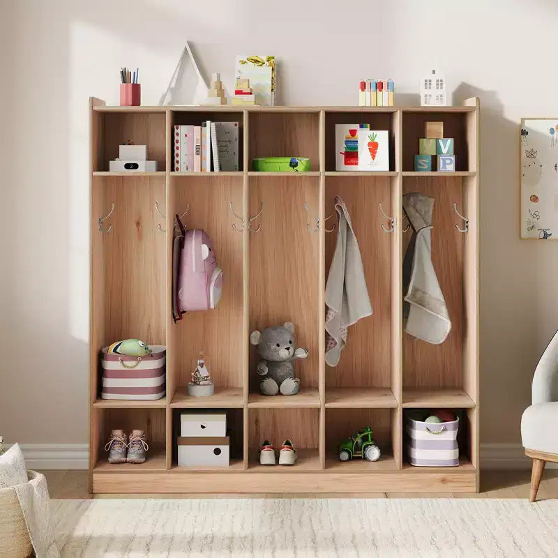 Organiseur de Manteaux pour Enfants avec 10 Casiers et Crochets, Meuble de Rangement à 5 Sections pour Salle de Classe, Crèche, Entrée ou Salle de Jeux, Chêne Naturel