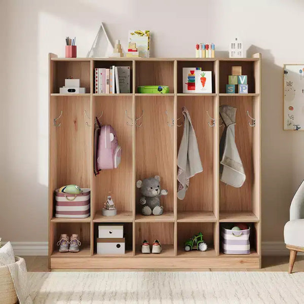 Organiseur de Manteaux pour Enfants avec 10 Casiers et Crochets, Meuble de Rangement à 5 Sections pour Salle de Classe, Crèche, Entrée ou Salle de Jeux, Chêne Naturel