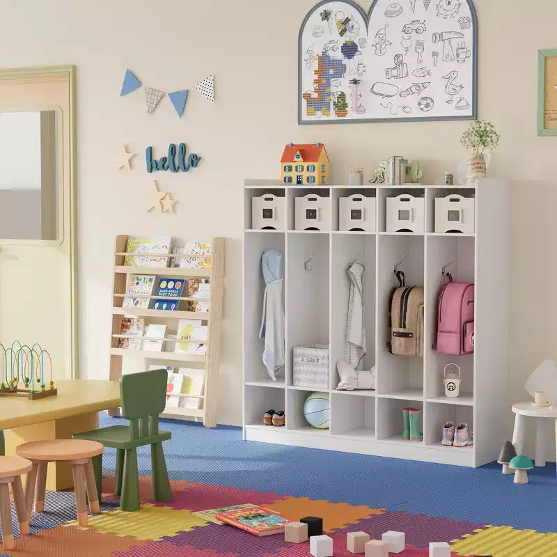 Organiseur de Manteaux pour Enfants avec 10 Casiers et Crochets, Meuble de Rangement à 5 Sections pour Salle de Classe, Crèche, Entrée ou Salle de Jeux, Chêne Naturel