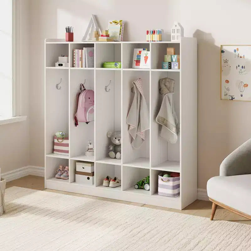 Organiseur de Manteaux pour Enfants avec 10 Casiers et Crochets, Meuble de Rangement à 5 Sections pour Salle de Classe, Crèche, Entrée ou Salle de Jeux, Chêne Naturel