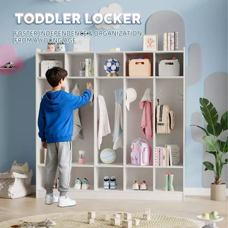 Organiseur de Manteaux pour Enfants avec 10 Casiers et Crochets, Meuble de Rangement à 5 Sections pour Salle de Classe, Crèche, Entrée ou Salle de Jeux, Chêne Naturel