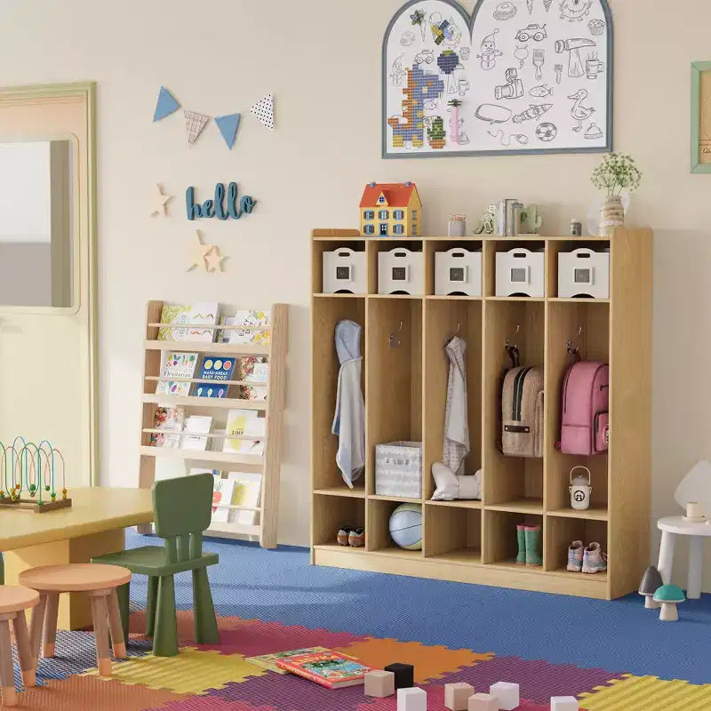 Organiseur de Manteaux pour Enfants avec 10 Casiers et Crochets, Meuble de Rangement à 5 Sections pour Salle de Classe, Crèche, Entrée ou Salle de Jeux, Chêne Naturel