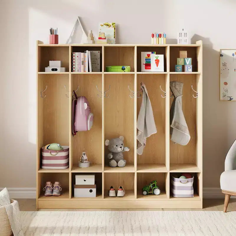 Organiseur de Manteaux pour Enfants avec 10 Casiers et Crochets, Meuble de Rangement à 5 Sections pour Salle de Classe, Crèche, Entrée ou Salle de Jeux, Chêne Naturel