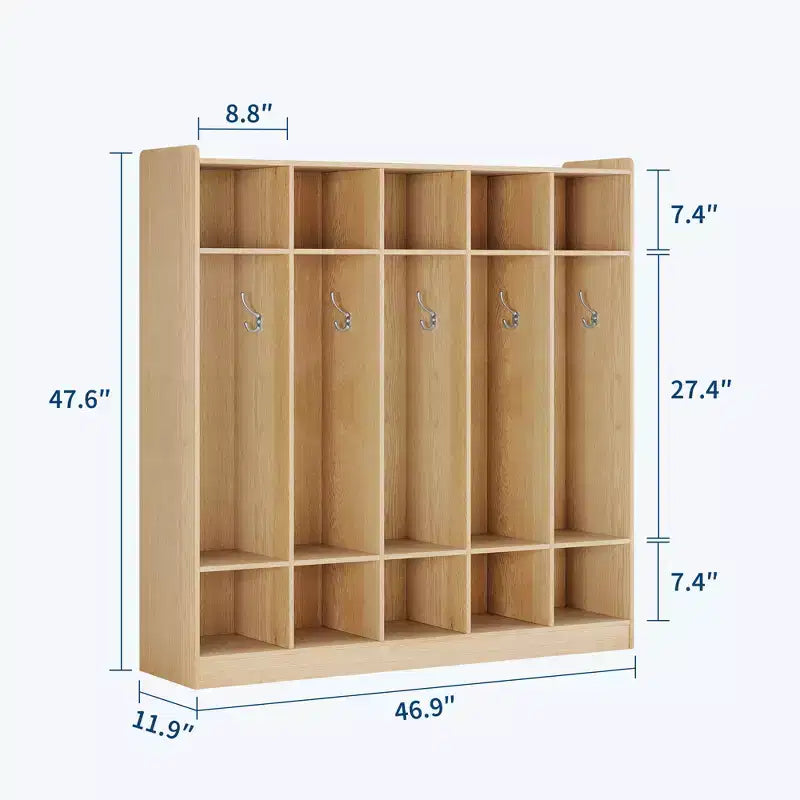 Organiseur de Manteaux pour Enfants avec 10 Casiers et Crochets, Meuble de Rangement à 5 Sections pour Salle de Classe, Crèche, Entrée ou Salle de Jeux, Chêne Naturel