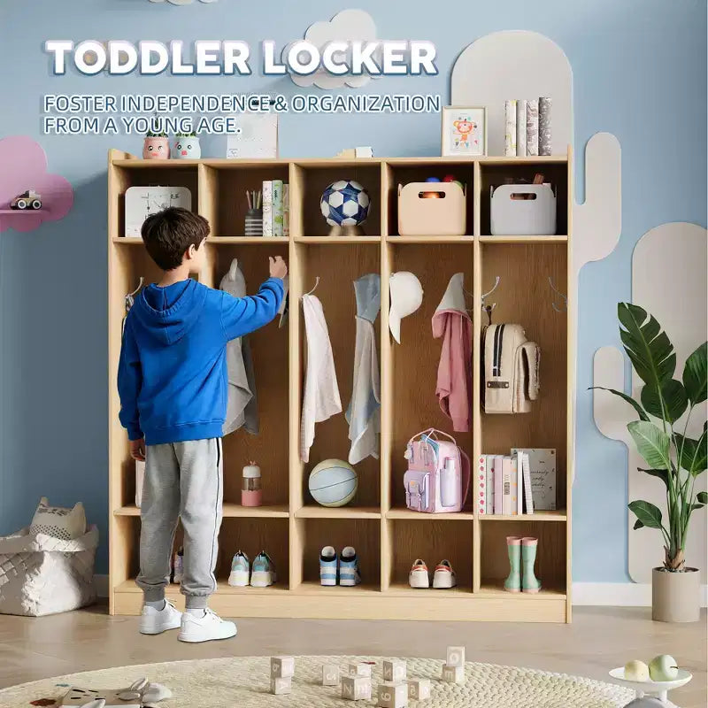 Organiseur de Manteaux pour Enfants avec 10 Casiers et Crochets, Meuble de Rangement à 5 Sections pour Salle de Classe, Crèche, Entrée ou Salle de Jeux, Chêne Naturel