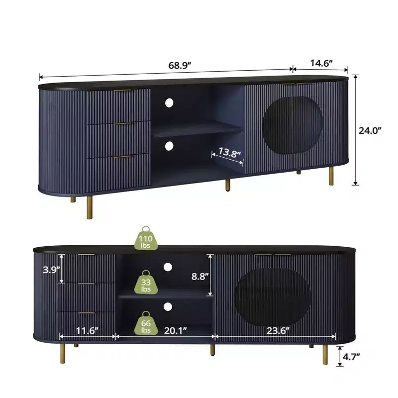 Meuble TV Courbe Moderne Cannelé 65", Plateau Effet Marbre avec Accents Dorés, Bleu Naturel, Convient aux TV jusqu'à 69"