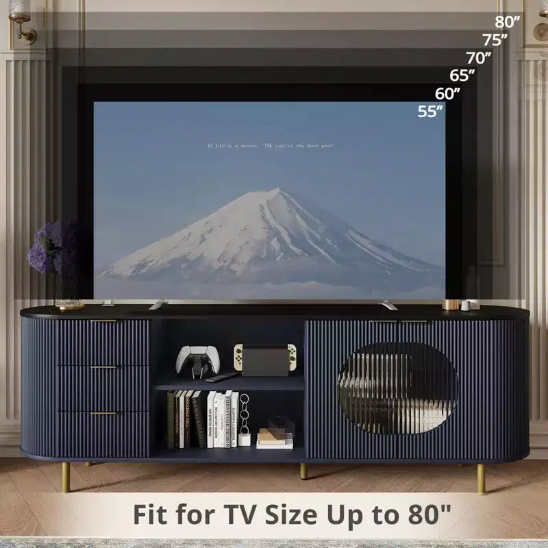 Meuble TV Courbe Moderne Cannelé 65", Plateau Effet Marbre avec Accents Dorés, Bleu Naturel, Convient aux TV jusqu'à 69"