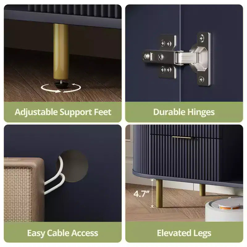 Meuble TV Courbe Moderne Cannelé 65", Plateau Effet Marbre avec Accents Dorés, Bleu Naturel, Convient aux TV jusqu'à 69"