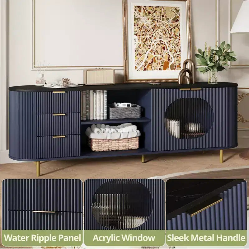 Meuble TV Courbe Moderne Cannelé 65", Plateau Effet Marbre avec Accents Dorés, Bleu Naturel, Convient aux TV jusqu'à 69"