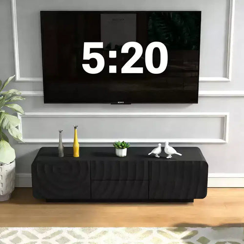 JVNOXK 58''Tv Console With Modern Unique Spiral Wave Design With Storage Cabinet And 2 Drawers Tv Stand For Living Room, Bedroom, Black