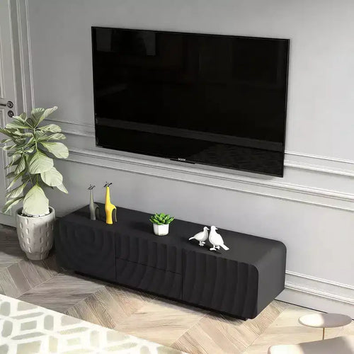 Meuble TV 58" avec motif à spirales, armoire de rangement et 2 tiroirs, noir