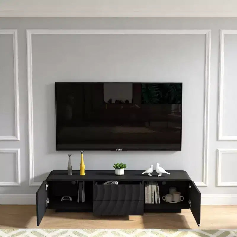 Meuble TV 58" avec motif à spirales, armoire de rangement et 2 tiroirs, noir