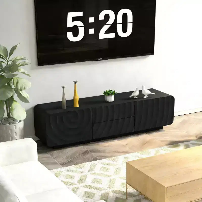 Meuble TV 58" avec motif à spirales, armoire de rangement et 2 tiroirs, noir