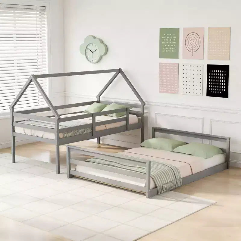 Lit superposé cabane jumeau sur toute la longueur avec échelle, détachable en 2 lits