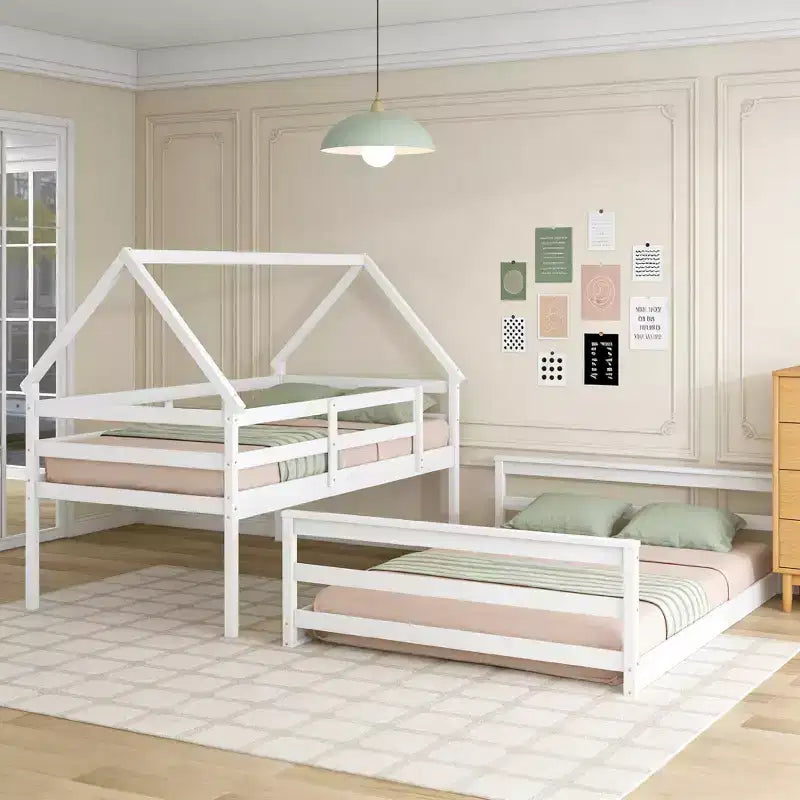 Lit superposé cabane jumeau sur toute la longueur avec échelle, détachable en 2 lits